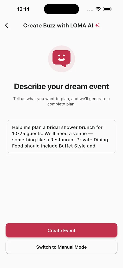 LOMAevents AI Create — describe your event in a sentence and AI builds the plan