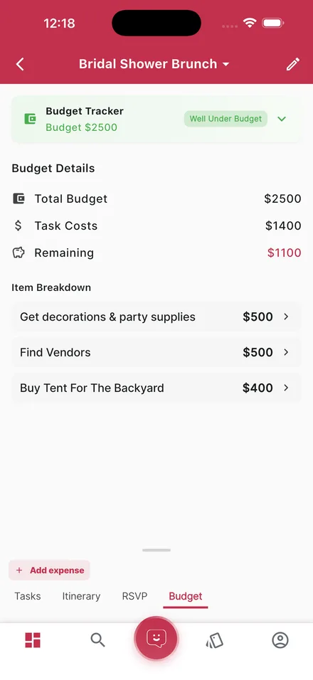 LOMAevents budget tracker showing costs and remaining budget