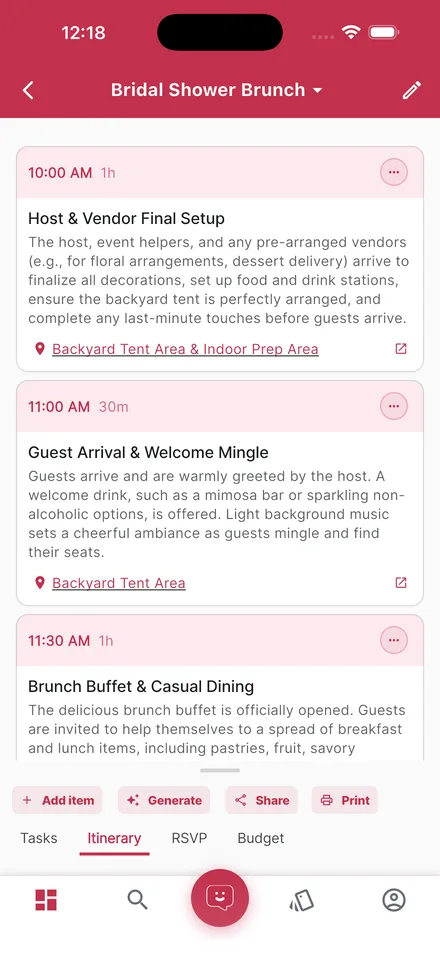 An AI-generated day-of itinerary timeline in the LOMAevents app
