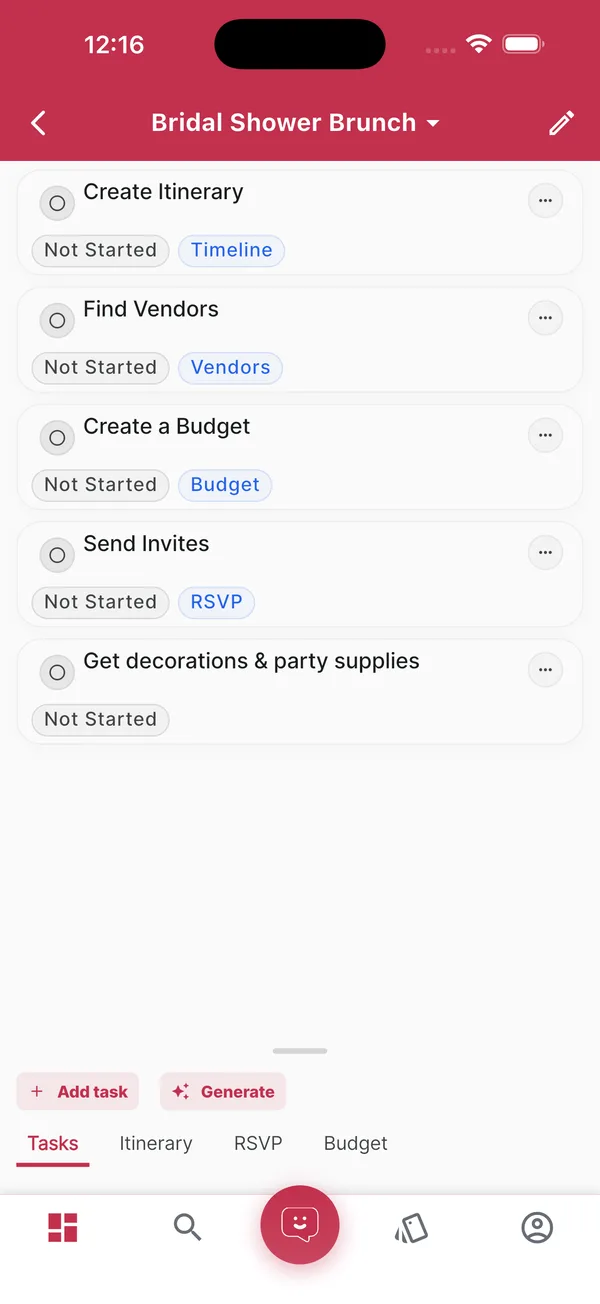 A LOMAevents event plan with Tasks, Itinerary, RSVP and Budget in one app
