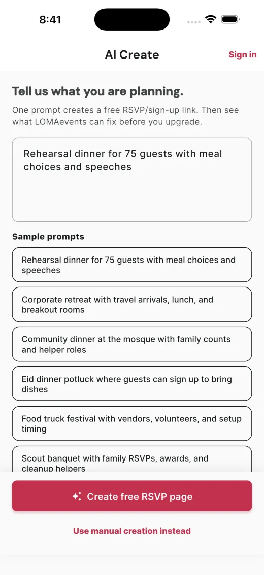 LOMAevents AI Create screen for creating a guest RSVP