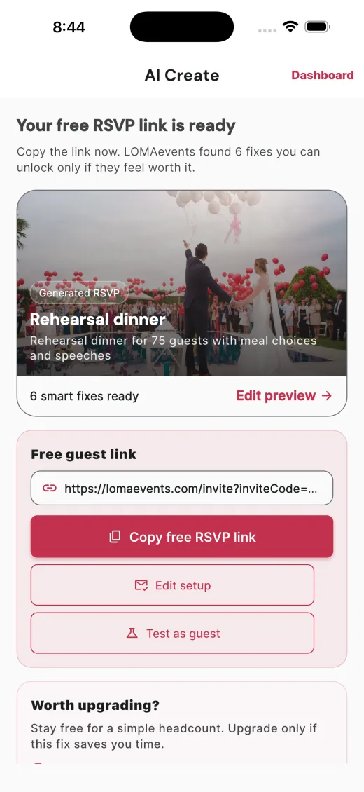 Current LOMAevents guest RSVP setup screenshot from Fastlane