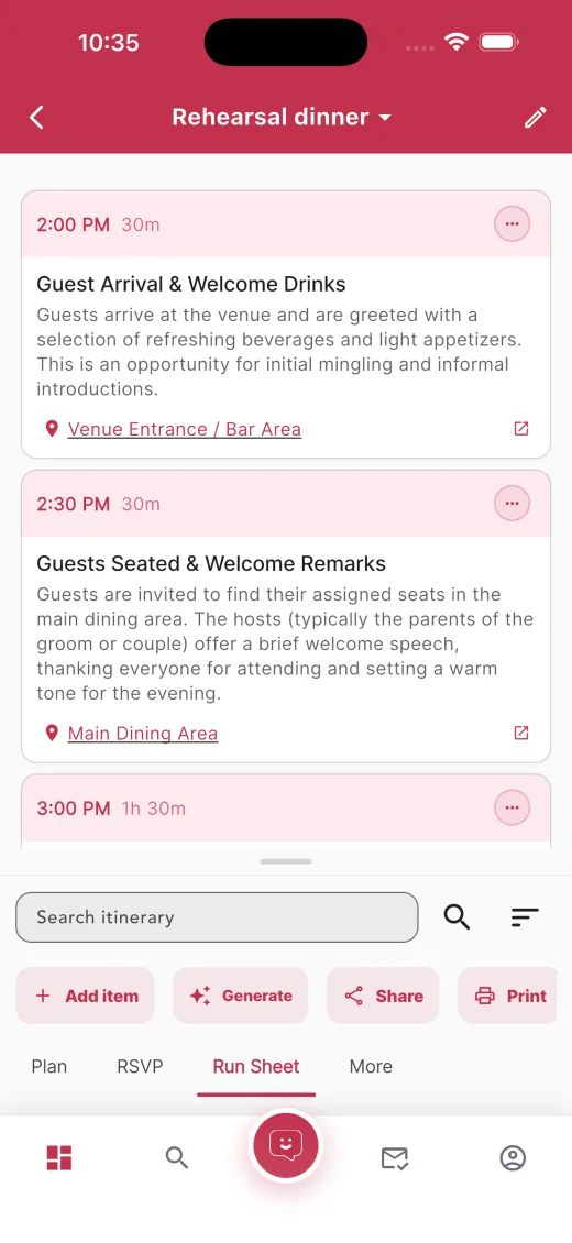 Current LOMAevents day-of timeline screenshot from Fastlane
